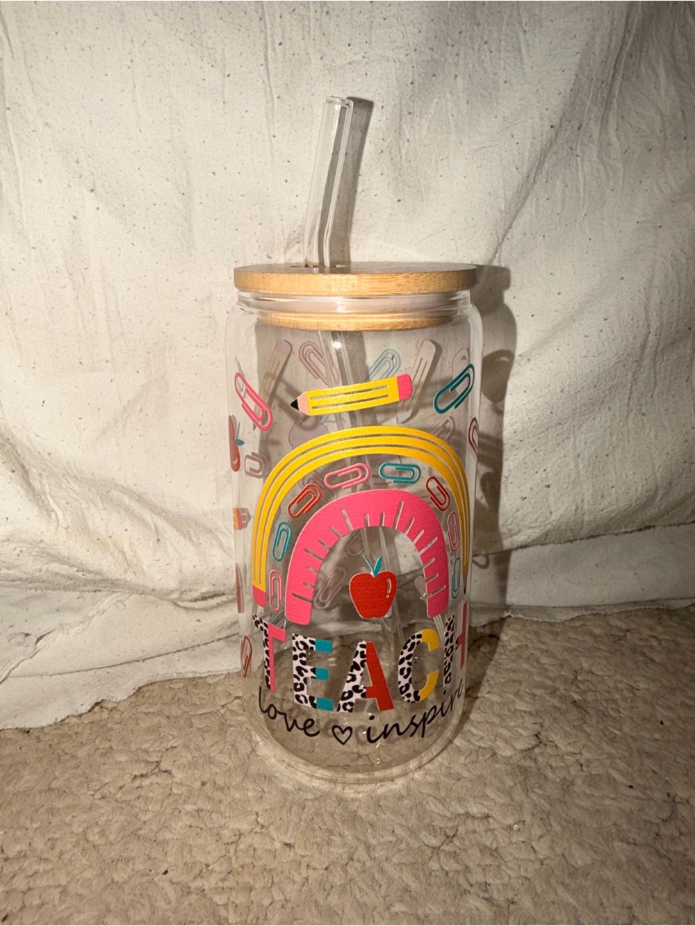 Colorful Teacher-Themed Glass Tumbler with Straw